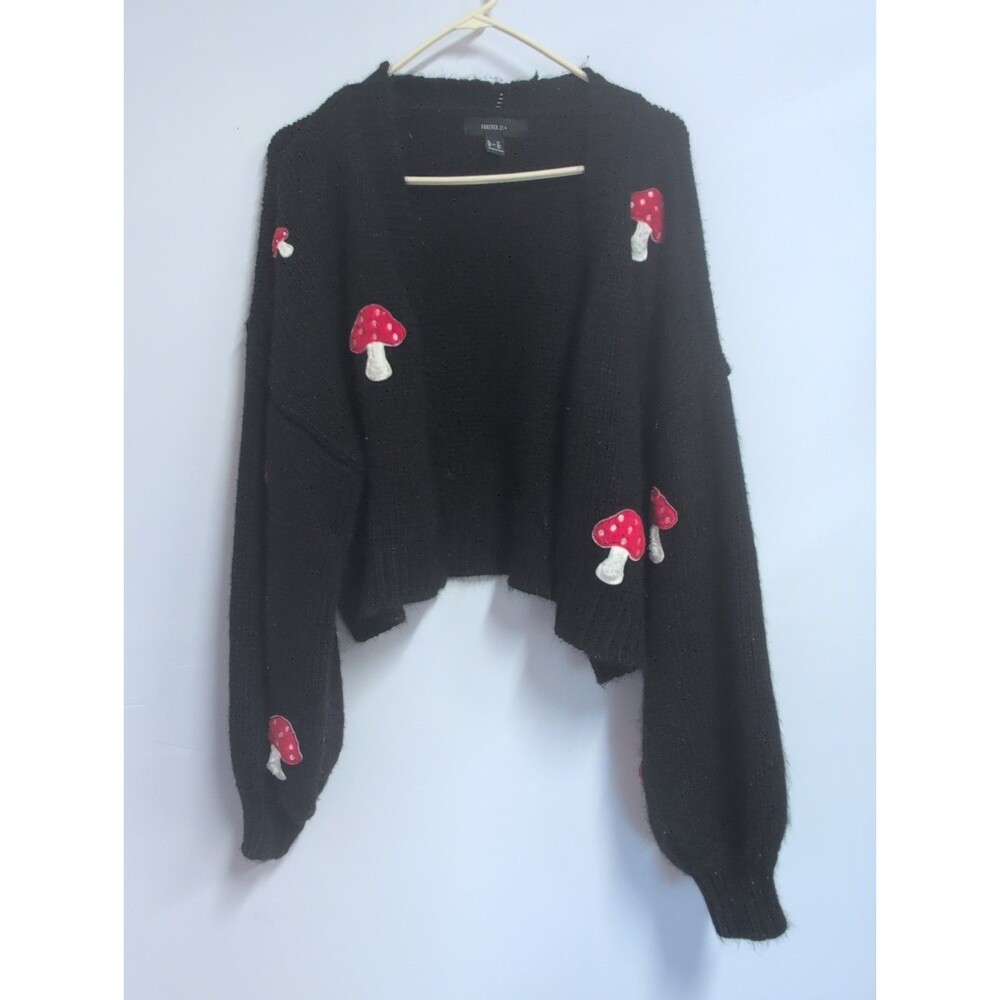 Forever 21 Cropped Mushroom Open Front Sweater Cardigan Size3 Xl Black Red